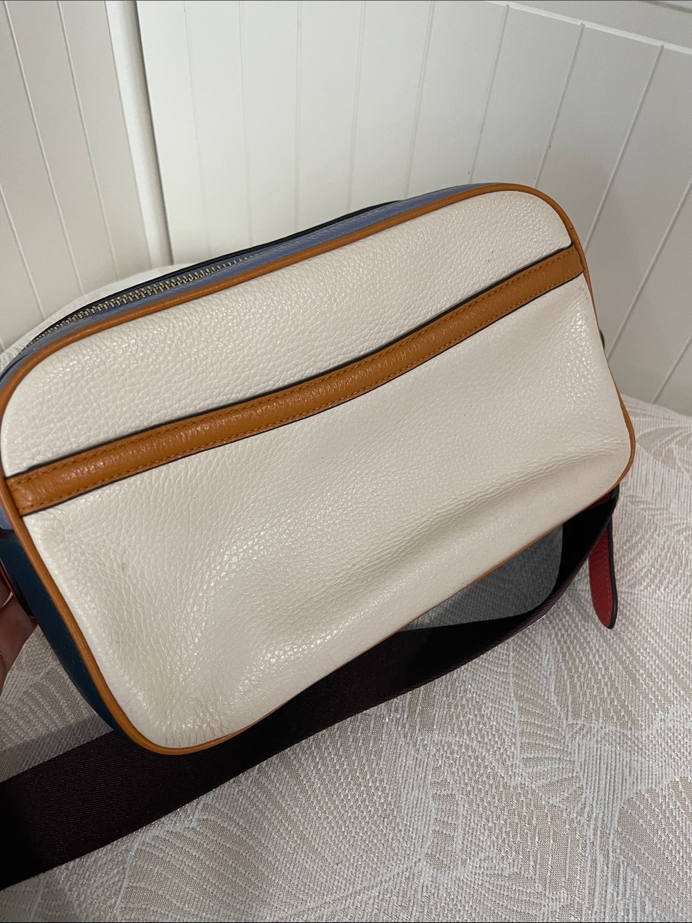 COACH Cream Leather Crossbody with Red Strap and Navy Trim - Picture 8 of 13